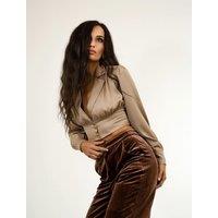 BALOU Women's Silk Cropped Long Sleeve Shirt in Natural | Size: 16