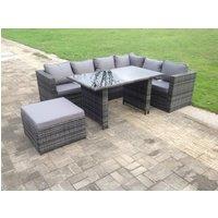 Fimous 7 Seater Rattan Corner Sofa Set Rectangular Dining Table Set With Seat & Back Cushion in Dark Grey