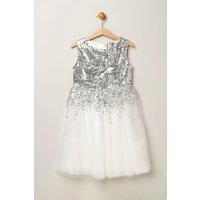 Miss Girl's Sequin Twist Bow Waterfall Dress in White | Size: 7-8 Years