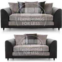 Luca Black and Grey 3 + 2 Fabric and Leather Trim Sofa Suite