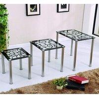 Modernique Tempered Glass Nest of 3 Tables Set with Chrome Frame in Black