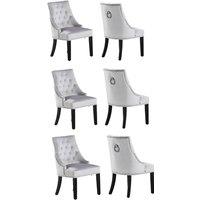 Life Interiors Set of 6 Velvet Dining Chairs Scoop Knockerback & Button Tufted, Solid Wood Legs in Light Grey