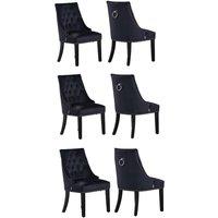 Life Interiors Set of 6 Velvet Dining Chairs Scoop Knockerback & Button Tufted, Solid Wood Legs in Black