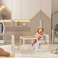 HOMCOM 4-Piece Kids Table & Chair Set with 2 Wooden Chairs, 1 Storage Bench in Beige