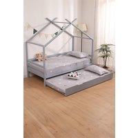 SlumberWorx Teddy Kids Childrens Wooden House Single Bed Frame w Guest Trundle Bed in Grey