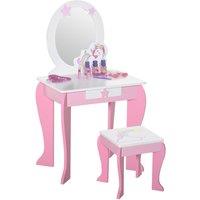 HOMCOM Kids Dressing Table, Girls Vanity Set with Mirror & Stool, Unicorn in Pink
