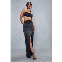 Gathered Mesh Satin Split Front Maxi Skirt