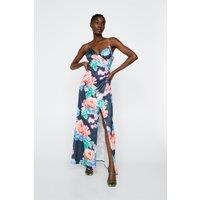 Floral Print Satin Wrap Maxi Dress