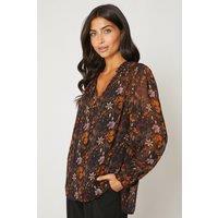 Black Floral Tie Neck Shirred Top