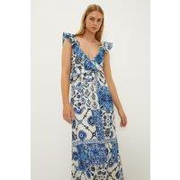 Ruffle Strap Tie Back Printed Broderie Dress