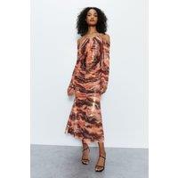 Printed Metallic Ruche Front Dress