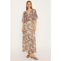 Printed Cape Wrap Front Metallic Chiffon Maxi Dress