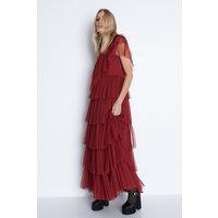 Tulle Asymmetric Ruffle Maxi Dress