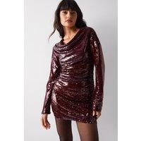 Cowl Neck Sequin Long Sleeve Dress