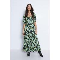 Floral Printed Ruched Sleeve Pleated Midi Dress