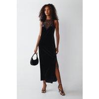 Lace Insert Bodice Detail Velvet Midi Slip Dress