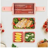 2-Layer & 4-Compartment 1400ML Bento Lunch Box Stackable Food Container with Cutlery Pink