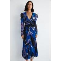 Abstract Ruched Front V Neck Midi Dress