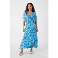 Petite Aqua Abstract Print Angel Sleeve Midi Dress