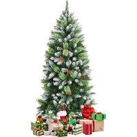 5FT Artificial Pine Xmas Tree Snow Flocked Christmas Tree with Red Berries