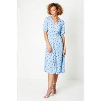 Printed V Neck Ruched Front Midi Tea Dress