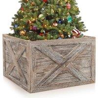 Wooden Tree Collar Box 100% Solid Wood Christmas Farmhouse Wooden Tree Box W/ Hook & Loop Fasten