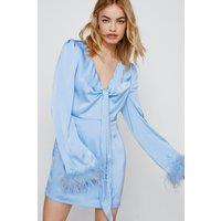 Feather Cuff Satin Tie Front Mini Dress