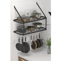 2 Tiers Wall-Mounted Pan Rack Shelf Pot Holders Storage Drainer with 10 Hooks