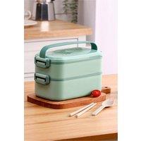 2 Layer Stackable Bento Lunch Box with Handle & Cutlery Green