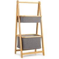 Bamboo Laundry Hamper Shelf 2-tier Laundry Toy Organizer with Solid A-shaped Frame & Linen Type Compartments