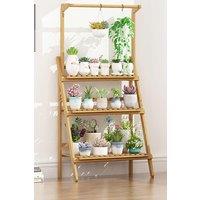 3-Tier Foldable Wooden Ladder Shelf with Hanging Rod