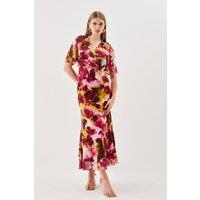 Abstract Print Pleated Wide Sleeve Woven Maxi Dress
