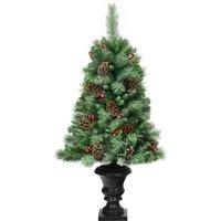 4FT/120cm Snow Flocked Artificial Christmas Tree Premium Entrance Tree with Pine Cones & Red Ber