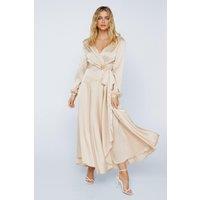 Cowl Back Satin Wrap Maxi Dress