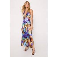 Abstract Print Satin Halterneck Cut Out Maxi Dress