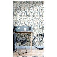 Noordwand Wallpaper Friends & Coffee Words and Letters Blue and Metallic