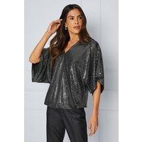 Wrap Batwing Sleeve Sequin Jersey Top