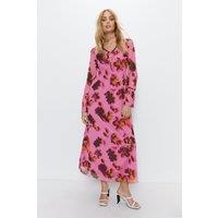 WAREHOUSE Floral Print Tie Front Flute Sleeve Midi Dress