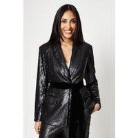 Petite Sequin Blazer With Velvet Tie