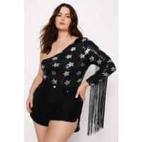 Plus Size One Shoulder Star Sequin Fringe Bodysuit