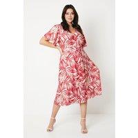 Curve Red Leaf Blend Belted Button Midi Tea Dress