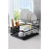 Kitchen 2-Tier Metal Dish Drainer Rack Detachable Storage Drip Tray Sink Washing Plates Draining Board