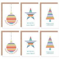 Christmas Folk Pattern Colourful Bauble Star Tree Greeting Cards With Envelopes Pack of 6