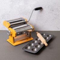 3pc Pasta Making Set with Yellow Stainless Steel Pasta Maker, Non-Stick Ravioli Mould and Rolling Pin