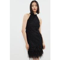 Premium Lace Feather Hem Halter Neck Mini Dress