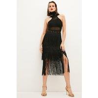 Studded Fringe Mesh Insert Knit Halterneck Bandage Midi Dress