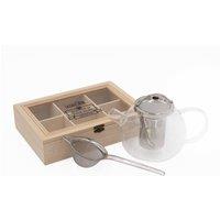 3pc Tea Set with Darjeeling 4-Cup Glass Teapot with Infuser, Tea Strainer and 6-Compartment Tea Box