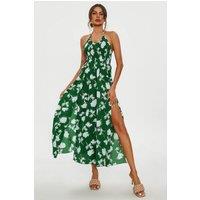 FS Collection Women's Floral Print Tie Halterneck Back Detail Maxi Dress In Green | Size: XL