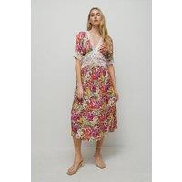 Petite Satin Lace Tea Midi Dress In Floral