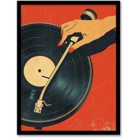 Artery8 Wall Art Print Vintage Retro Vinyl Record Player Spin 1950's Pulp Art Framed Poster in Black | Size: W12 x H16